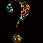 A black background showing a question mark. inside the question mark is different coloured images and fragmented text reading things like 'now becoming being here' 'I am, I am'